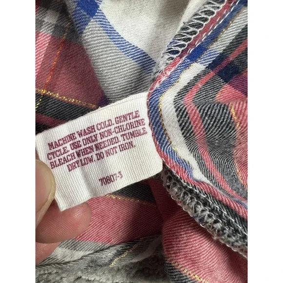 Arizona Top Womens Small Multicolor Plaid Metallic Snap Up Roll Tab Long Sleeve - Picture 11 of 12